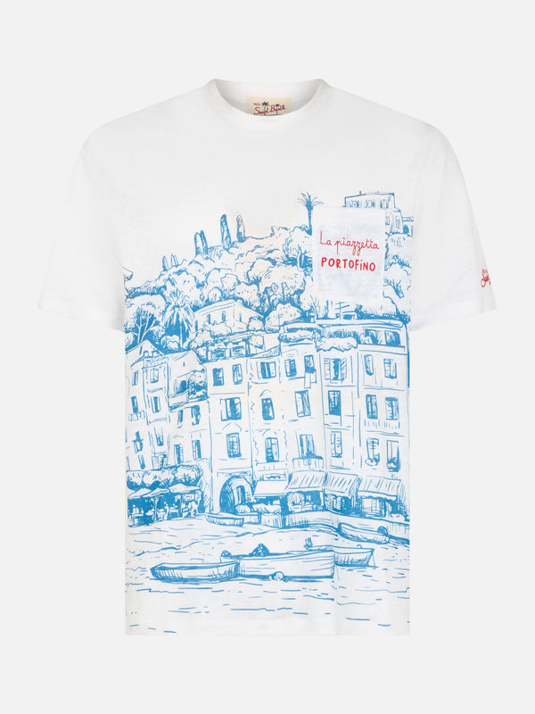 Man linen jersey t-shirt Ecstasea with Portofino placed print and embroidered pocket