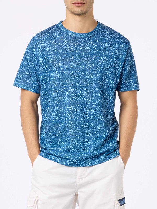 T-shirt da uomo Ecstasea in jersey di lino blu con stampa sashiko