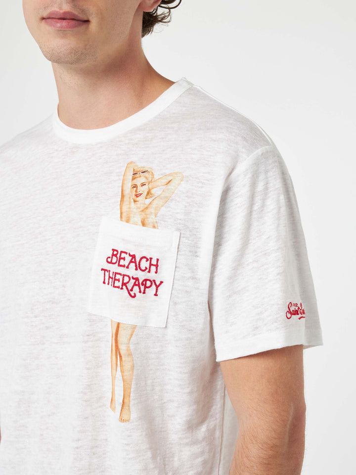 Man linen jersey t-shirt Ecstasea with printed and embroidered pocket - MC2 Saint Barth