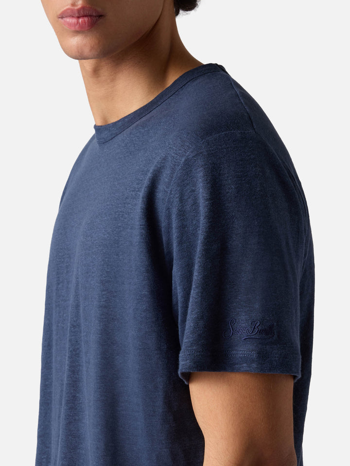 T-shirt Ecstasea in puro lino blu con logo ricamato