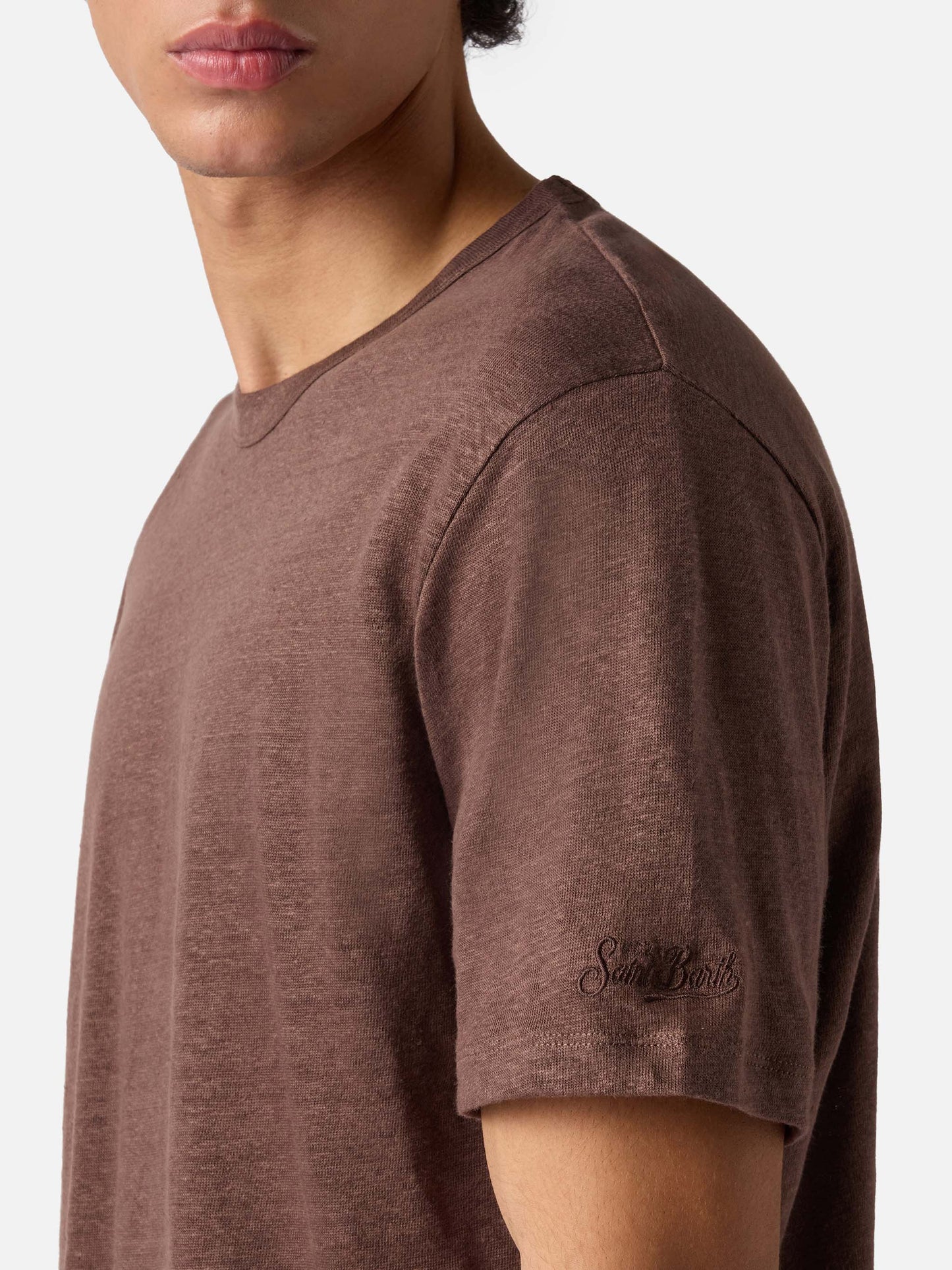 Brown Ecstasea pure linen t-shirt with logo embroidery