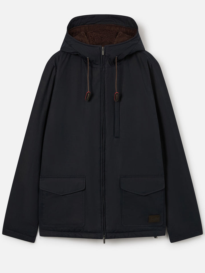 Marineblaue blue Edgar Kapuzenjacke in Waxed-Optik mit Teddyfutter 
