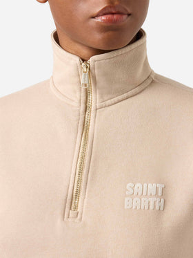 Sweat-shirt en coton beige Eliade à demi-zip avec logo floqué 
