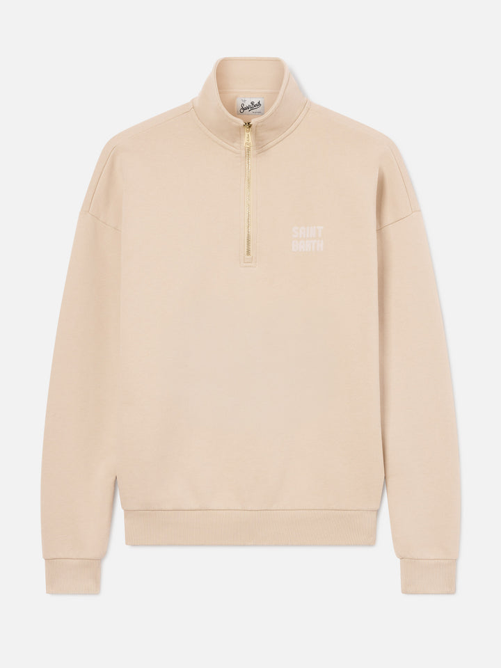 Felpa Eliade beige in cotone con mezza zip e logo flock