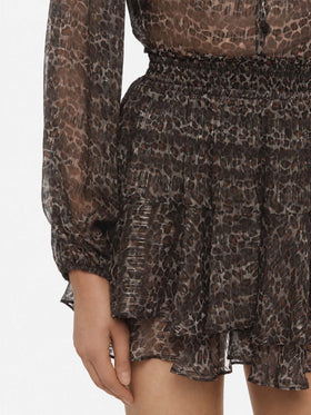 Mini-jupe volantée Eivissa en voile de soie lurex avec imprimé animalier 