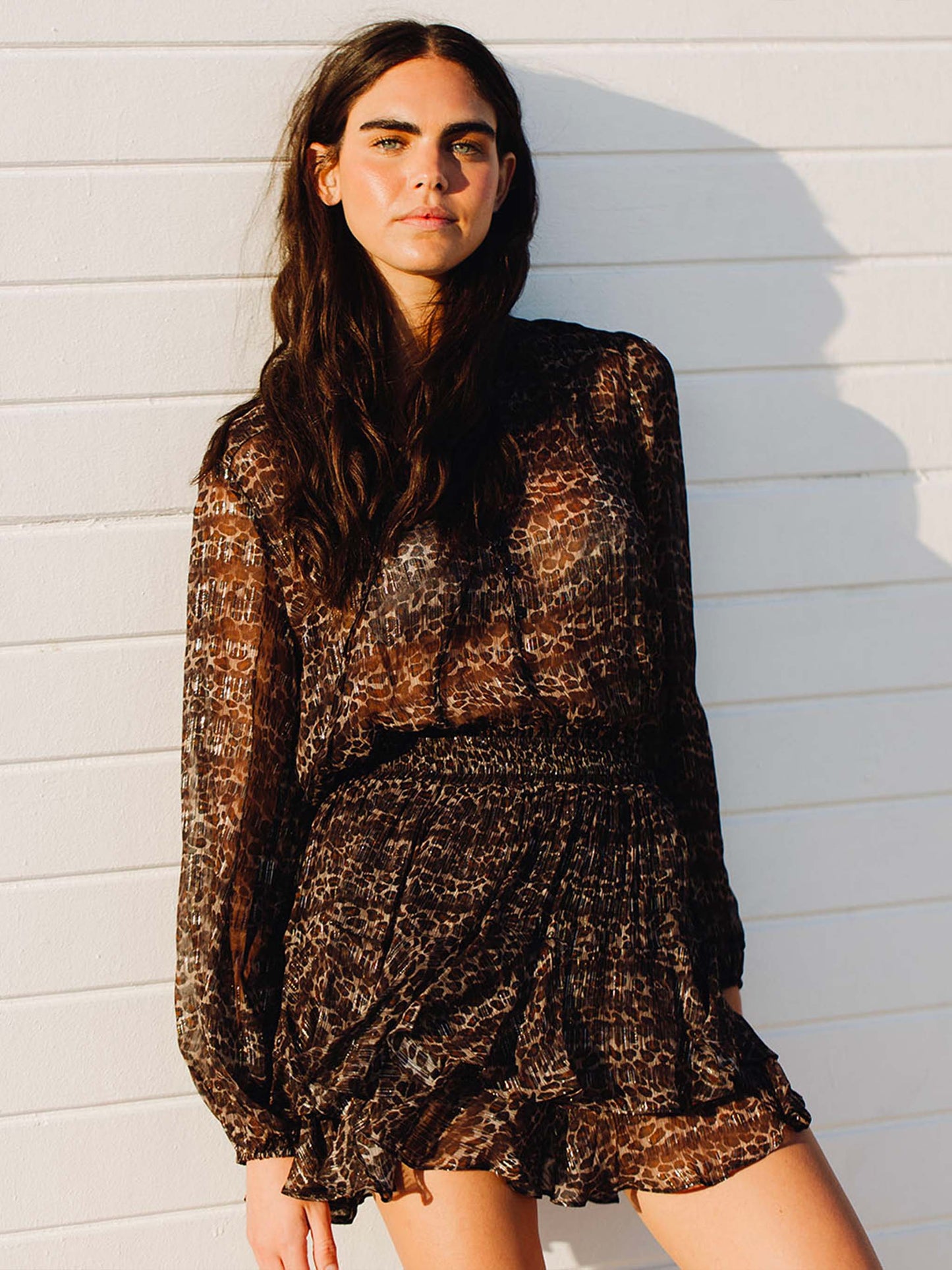 Eivissa mini gonna arricciata in voile di seta lurex con stampa animalier