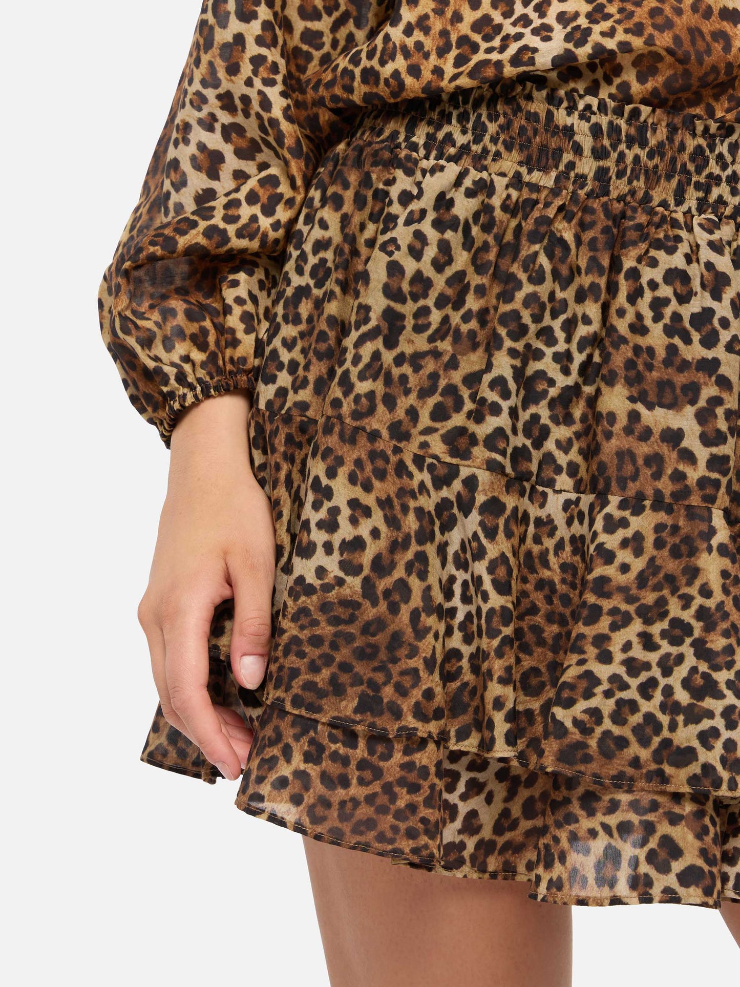 Eivissa ruffled mini skirt in silk voile with animalier print