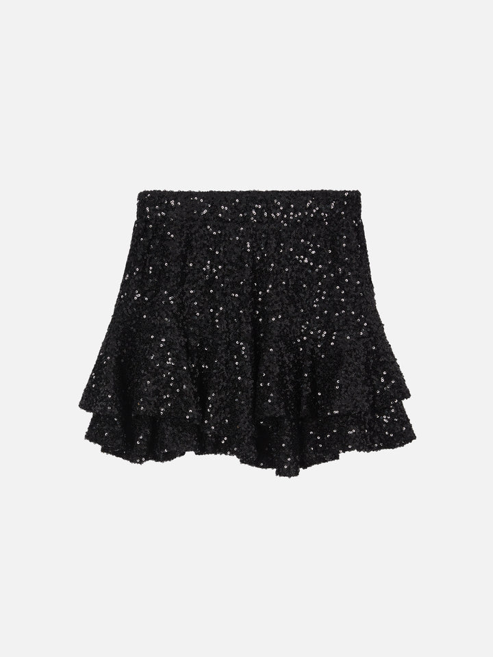 Minigonna Eivissa Jr in paillettes con balze nera