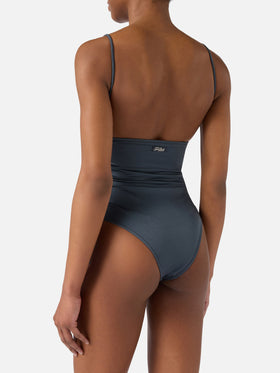 Costume intero Eliya glossy finish grigio scuro con dettaglio strass