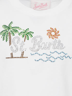Elly cotton jersey crewneck t-shirt with Saint Barth sunset rhinestone desgin - MC2 Saint Barth