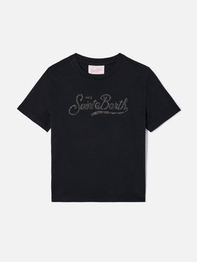 T-shirt Elly nera in cotone con applicazione Saint Barth in strass