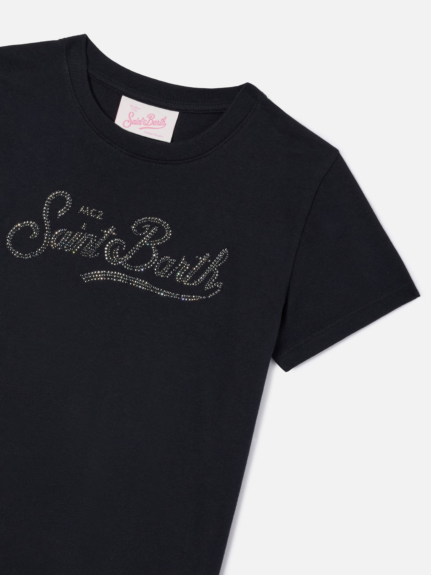T-shirt Elly nera in cotone con applicazione Saint Barth in strass