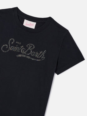 T-shirt Elly nera in cotone con applicazione Saint Barth in strass