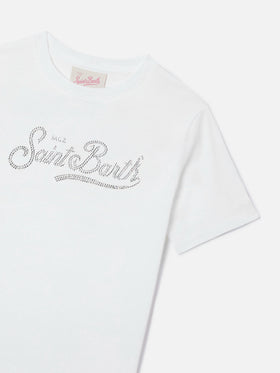 Elly T-shirt in white cotton with Saint Barth rhinestones embellishment