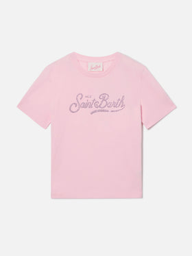 T-shirt Elly in cotone rosa con logo Saint Barth in strass