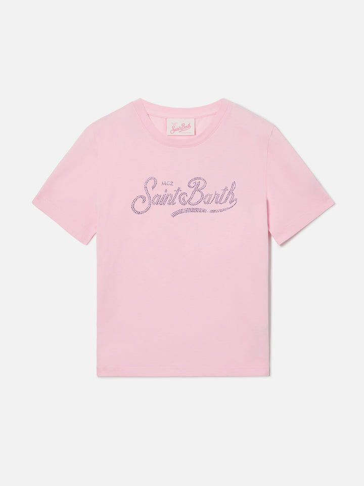 T-shirt Elly in cotone rosa con logo Saint Barth in strass