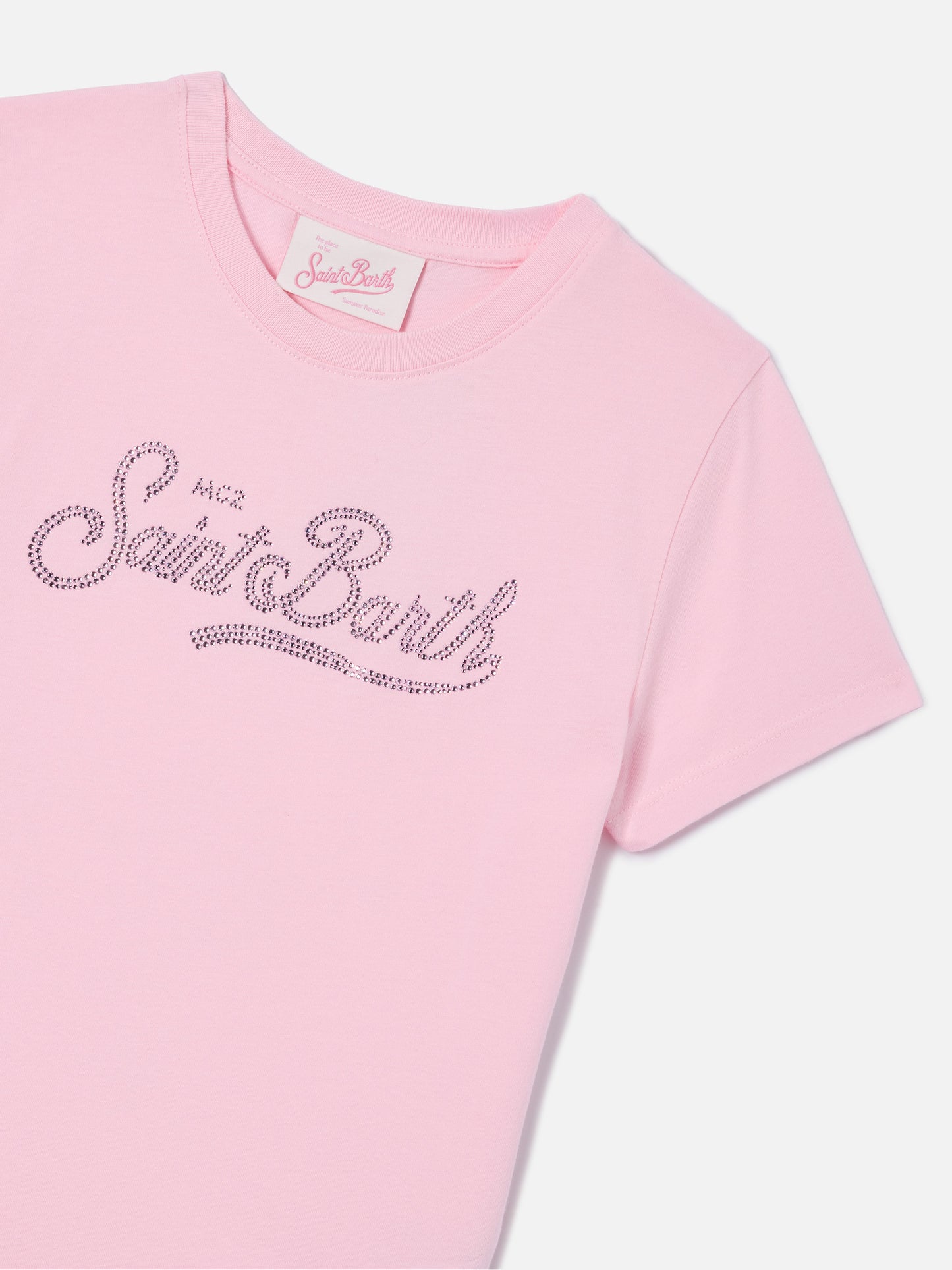 T-shirt Elly in cotone rosa con logo Saint Barth in strass