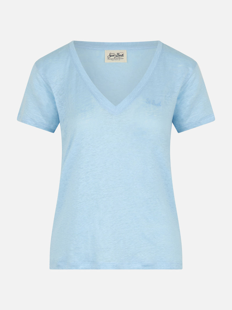 T-shirt scollo a V azzurro Eloise in jersey di lino