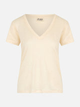 T-shirt scollo a V color bianco sporco Eloise in jersey di lino