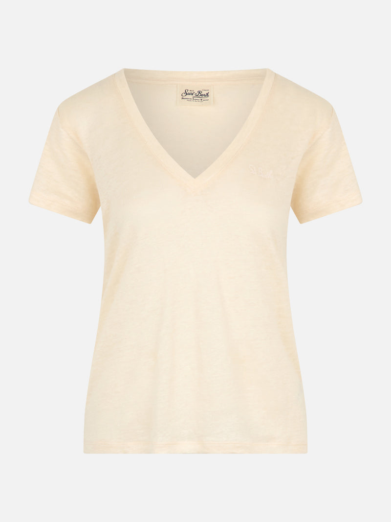 T-shirt scollo a V color bianco sporco Eloise in jersey di lino