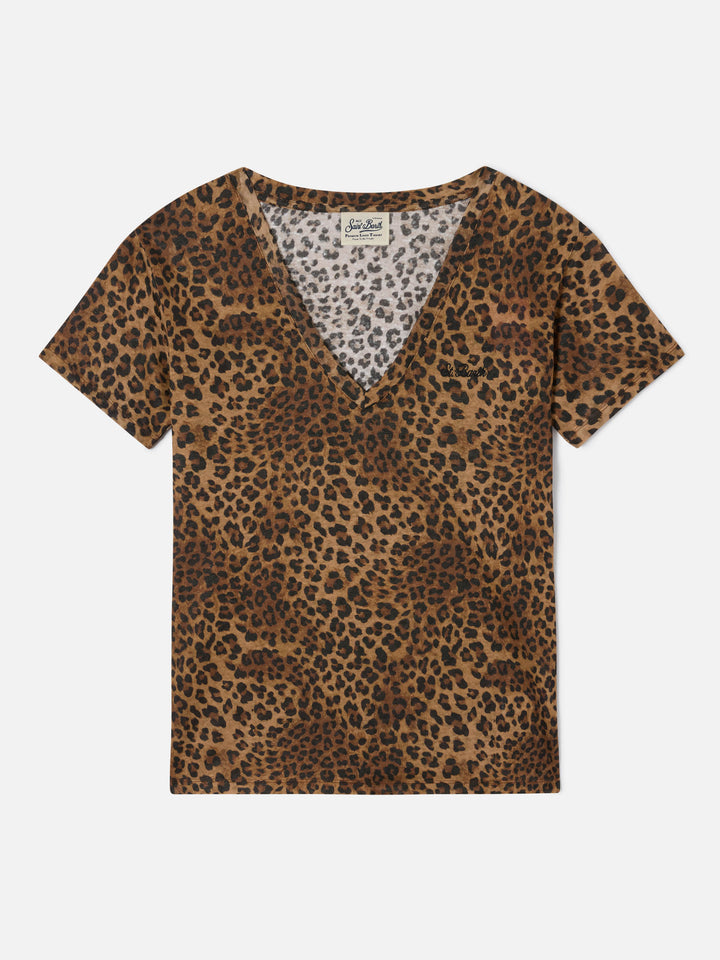 T-shirt Eloise in lino leopardato con ricamo logo