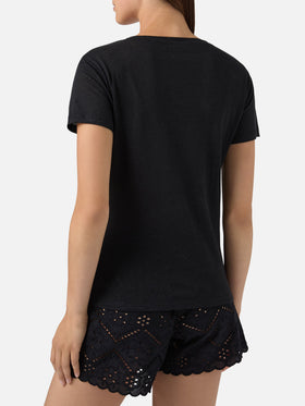 T-shirt Eloise in lino nero con logo ricamato