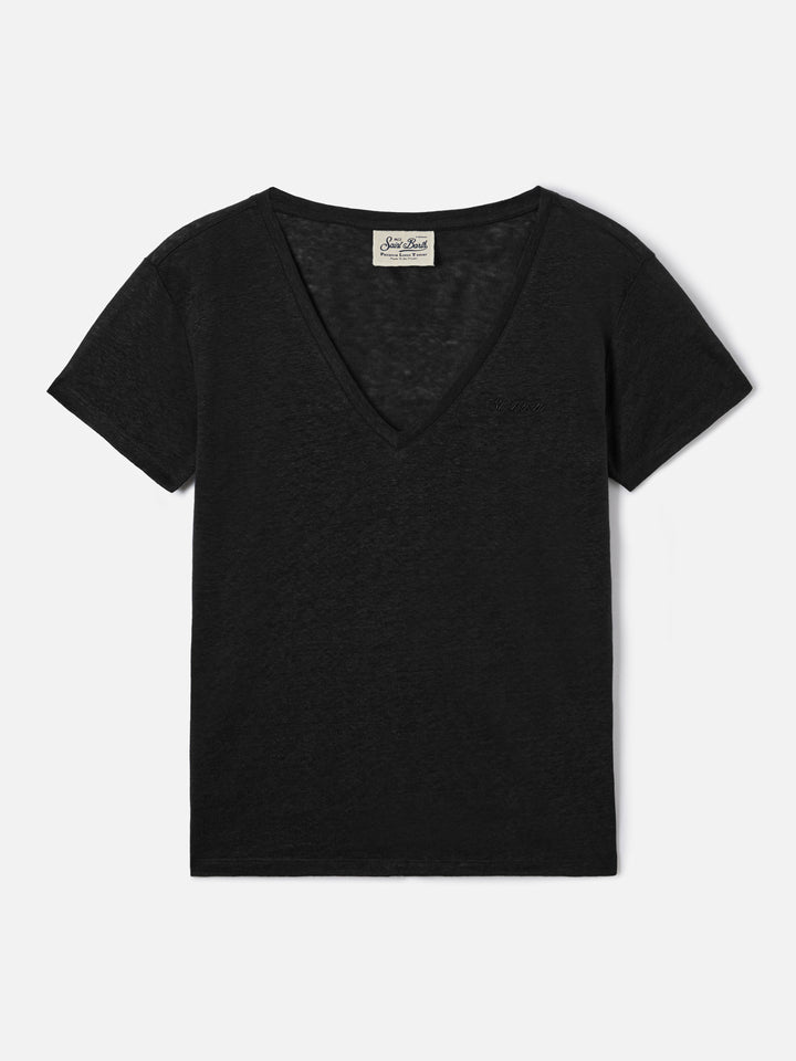 Camiseta Eloise de lino negro con logo bordado 