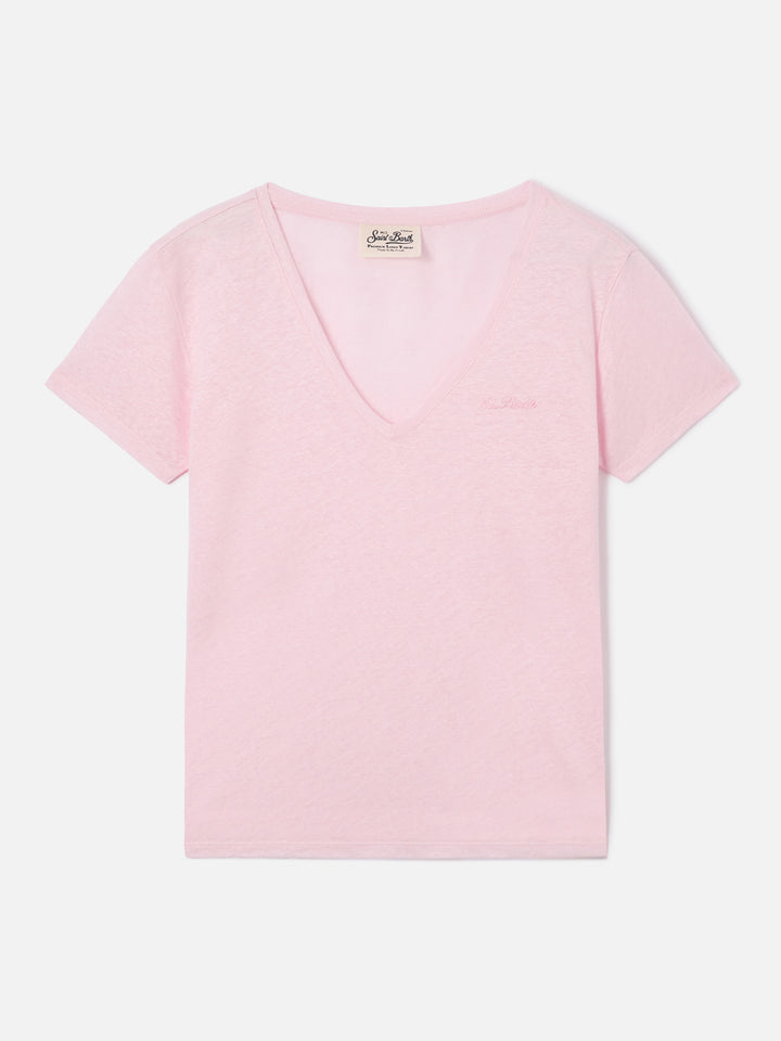 Pink linen Eloise T-shirt with embroidered logo