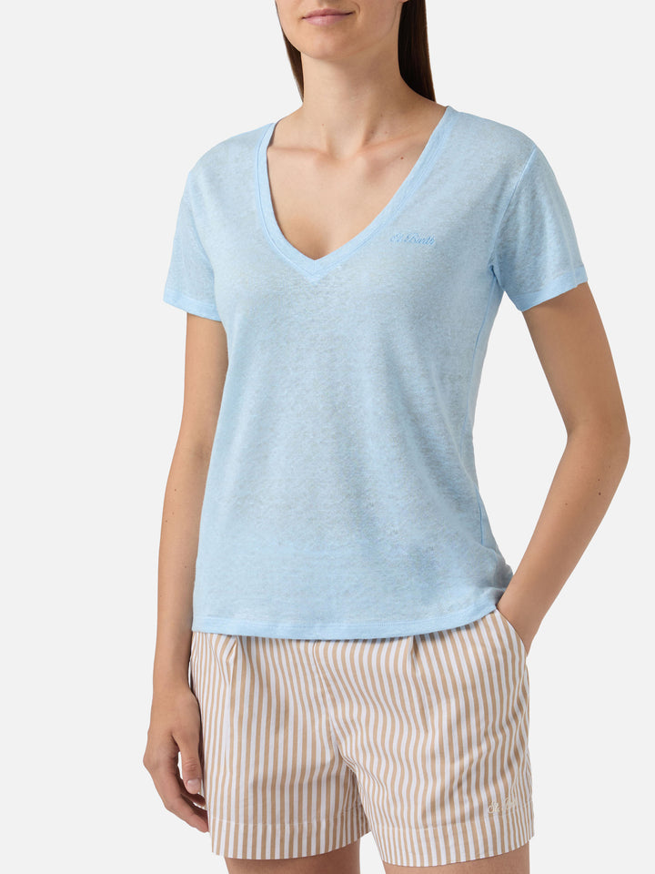 T-shirt Eloise in lino azzurro con logo ricamato