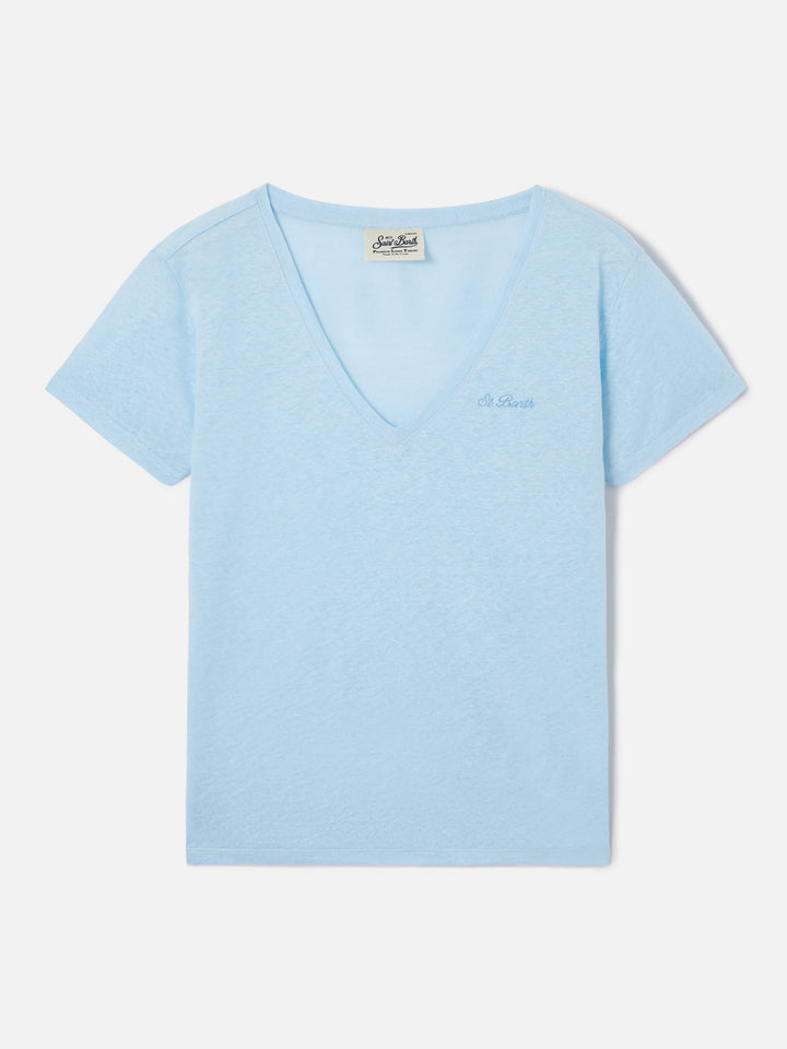 Light blue linen Eloise T-shirt with embroidered logo