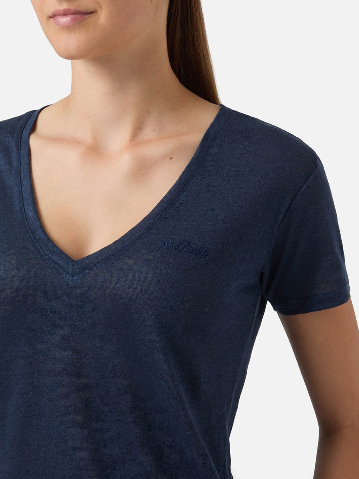 T-shirt Eloise in lino blu con logo ricamato