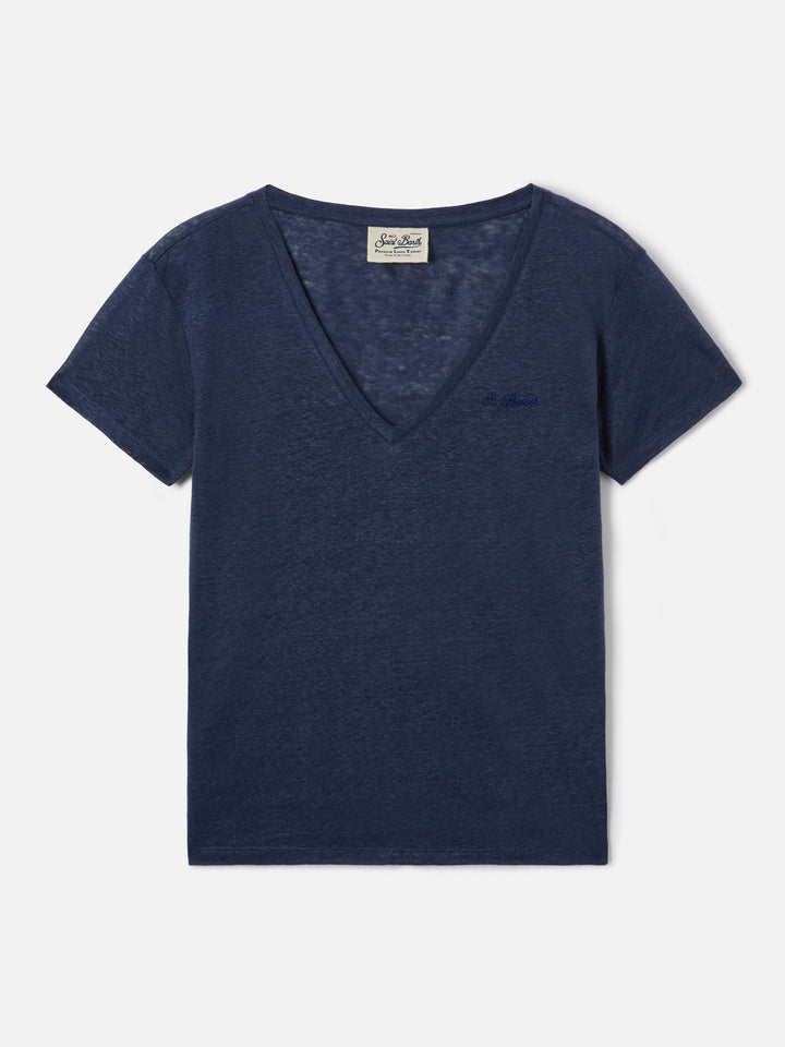 T-shirt Eloise en lin bleu avec logo brodé 