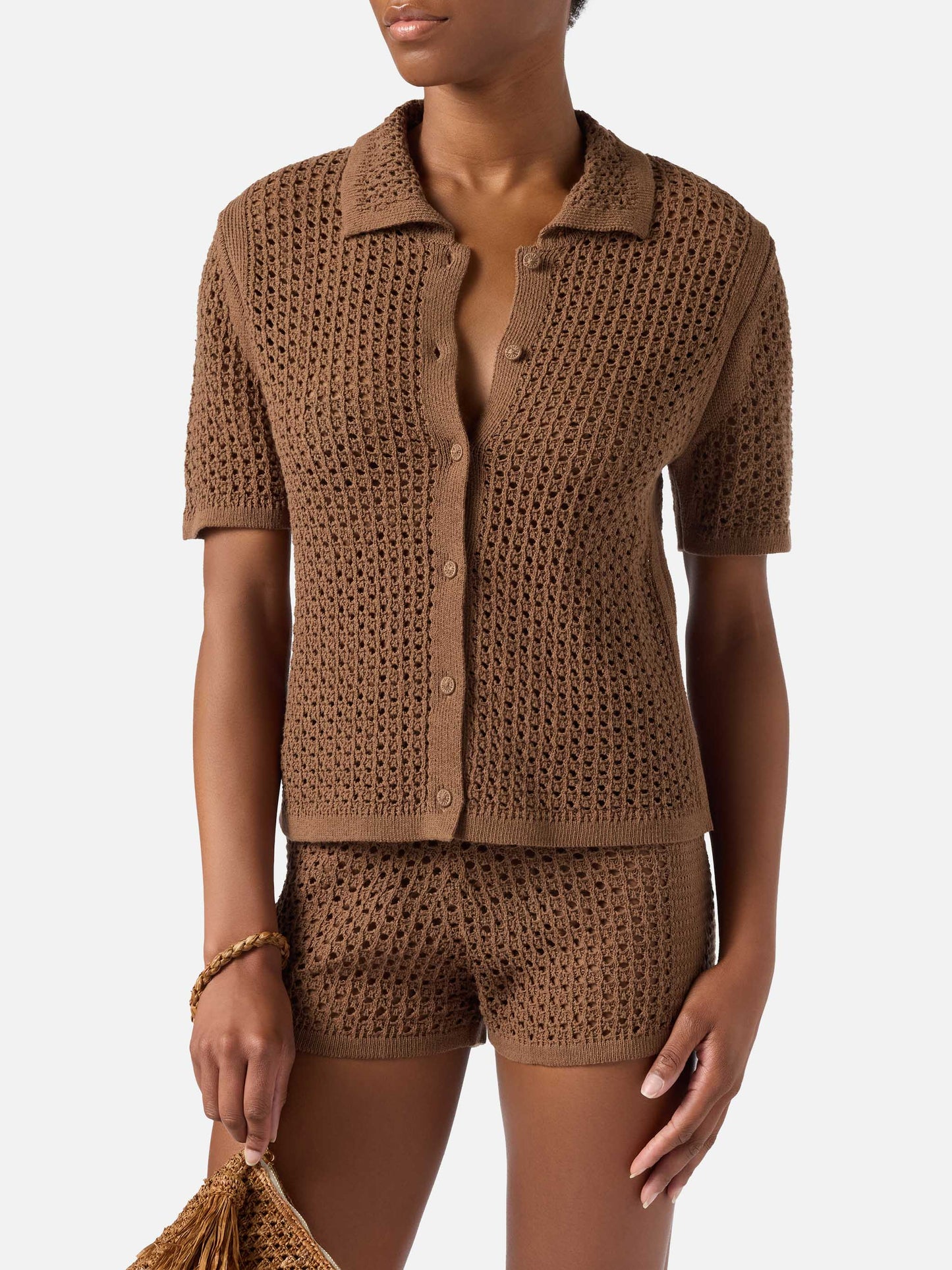 Cardigan Elowen in crochet marrone