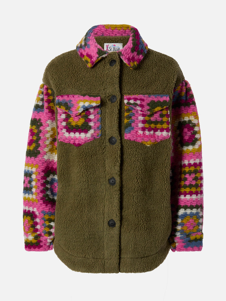 Woman sherpa overshirt with crochet details