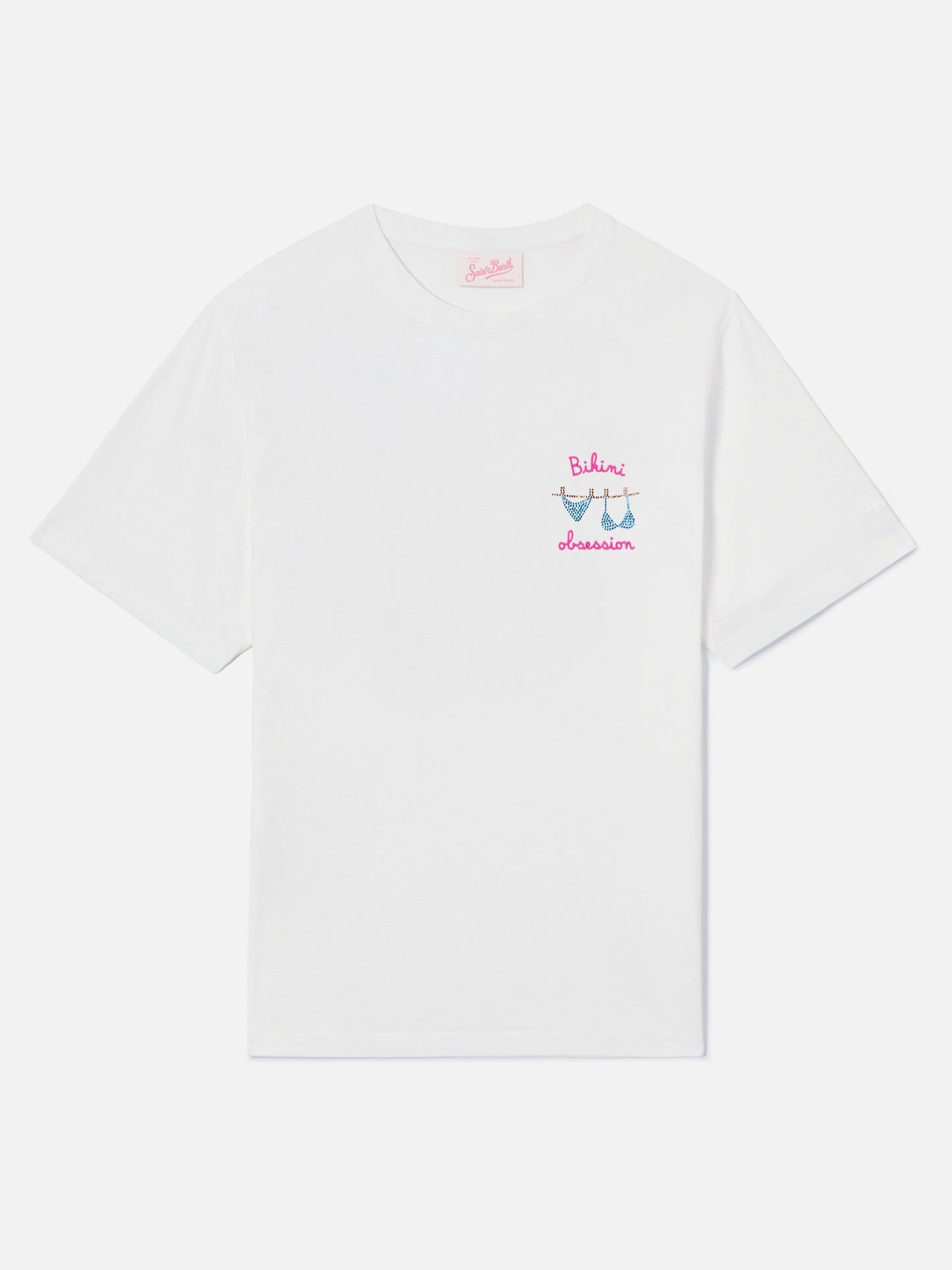 T-shirt Emilie bianca con ricamo Bikini Obsession e strass