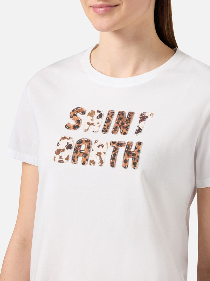 White Emilie T-shirt with embroidered animal print logo patch