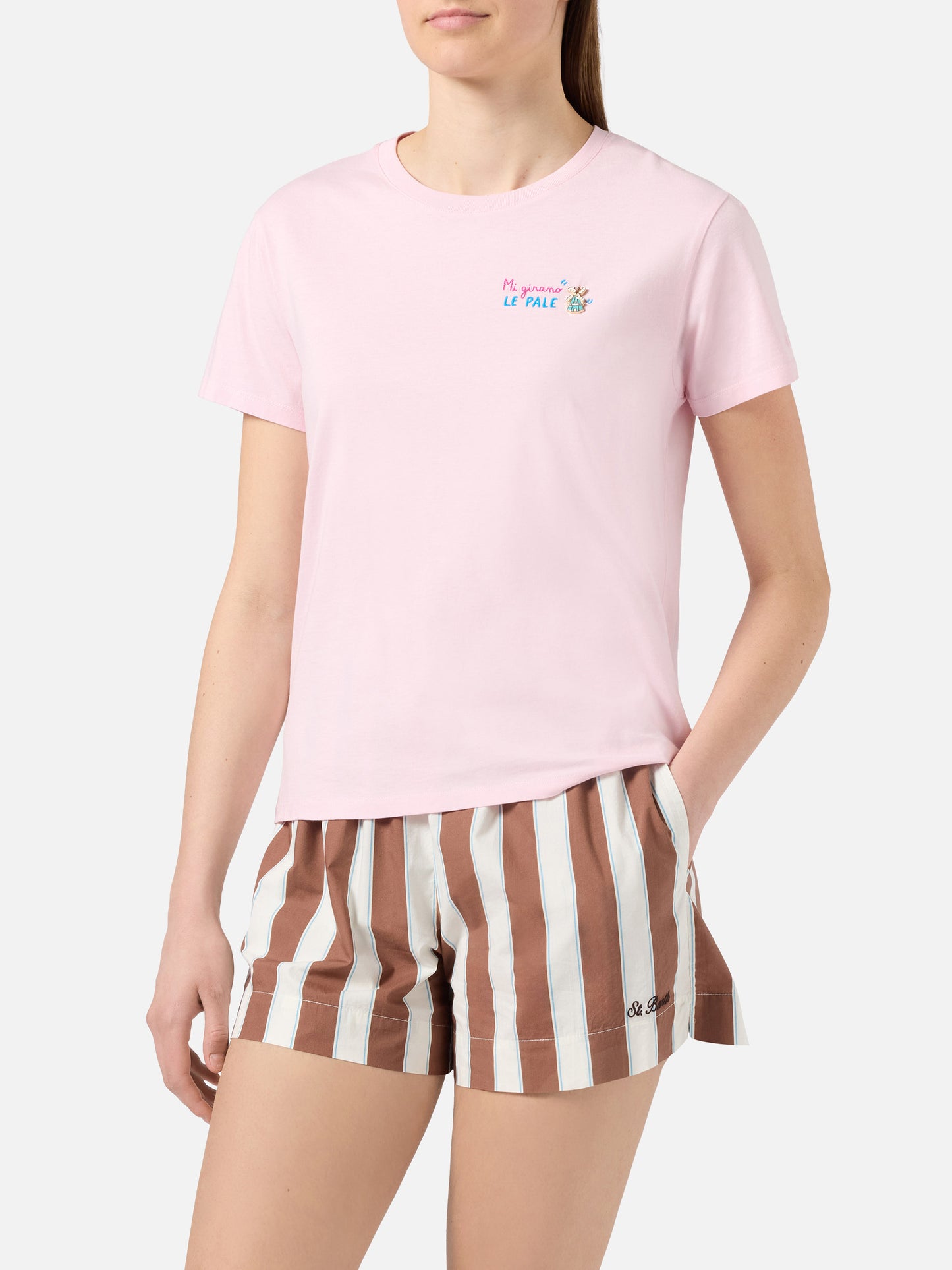 T-shirt Emilie rosa con ricamo Mi girano le pale