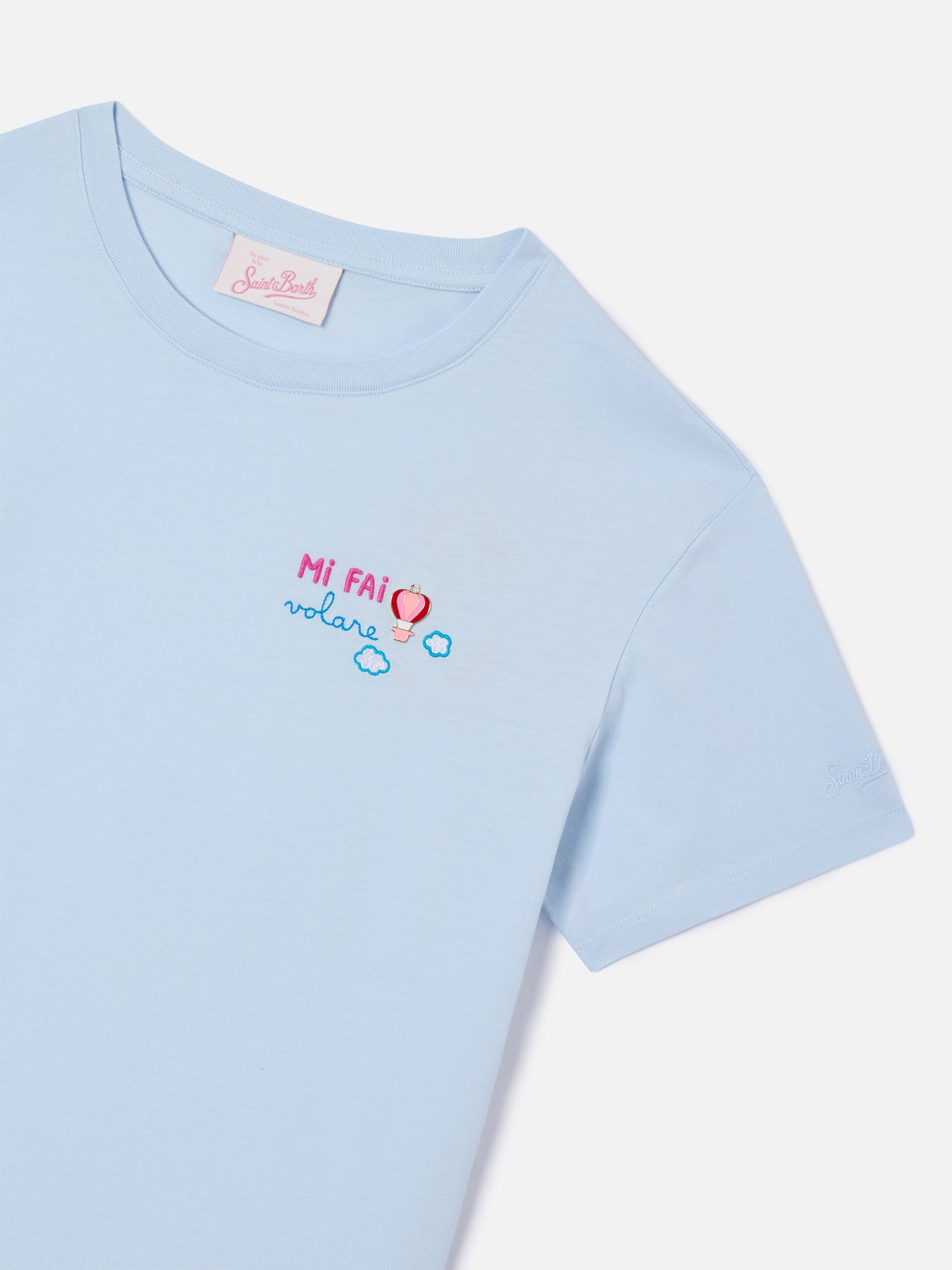Light blue Emilie T-shirt with Mi fai volare embroidery and charm