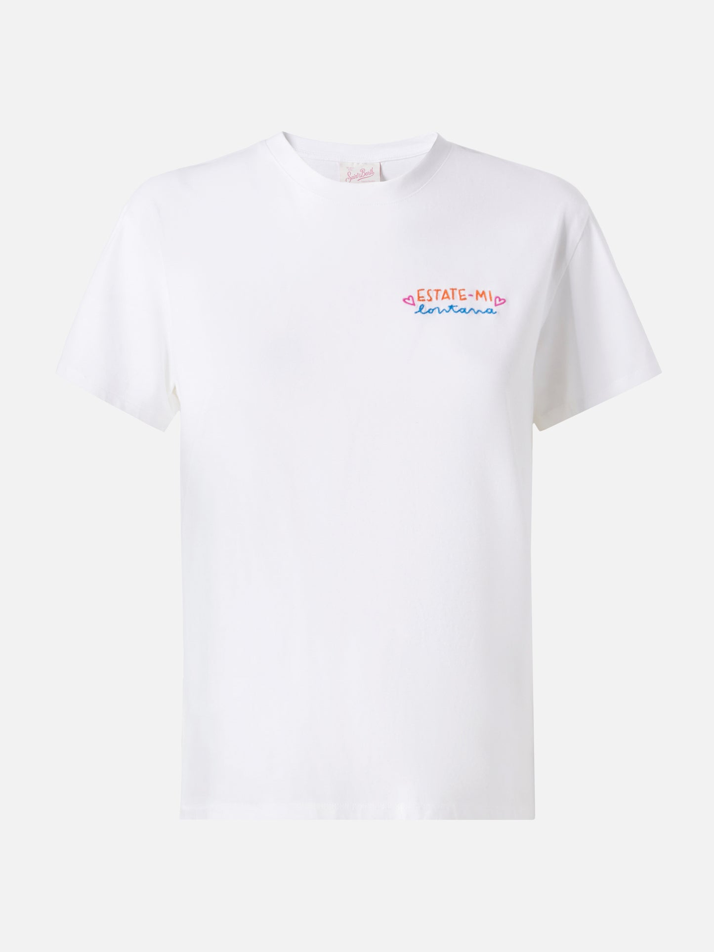 Emilie cotton t-shirt with Estate-mi Lontana embroidery | INSULTI LUMINOSI SPECIAL EDITION