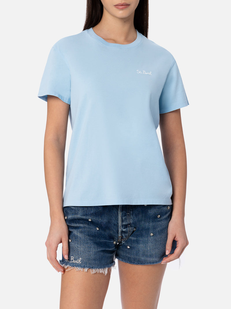 Hellblaues Rundhals-T-Shirt Emilie aus Baumwolljersey für Damen