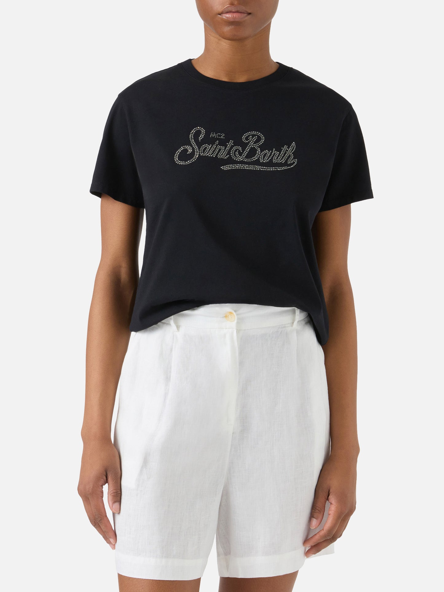 T-shirt Emilie nera con logo in strass
