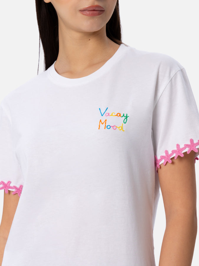 Mc2 Saint Barth T-shirt da donna girocollo Emilie in jersey di cotone con ricamo Vacay Mood