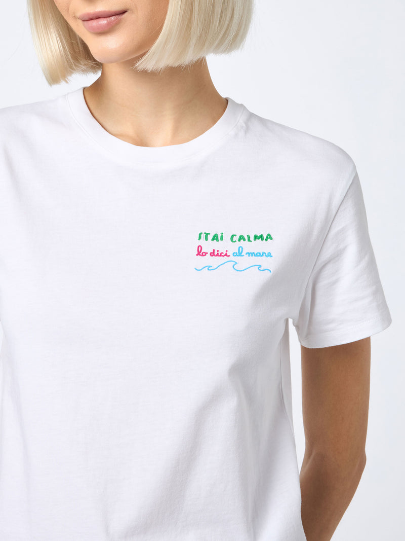 Damen-T-Shirt Emilie aus Baumwolljersey mit Rundhalsausschnitt und Stai-Calma-Stickerei