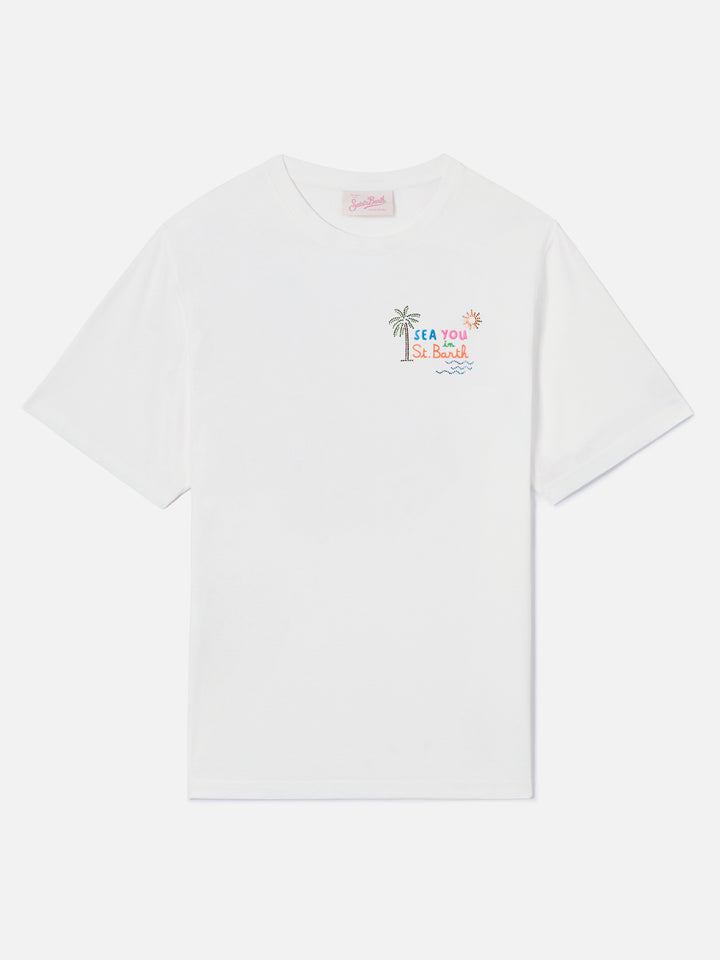 T-shirt Emilie bianca con ricamo Sea You in St. Barth e strass
