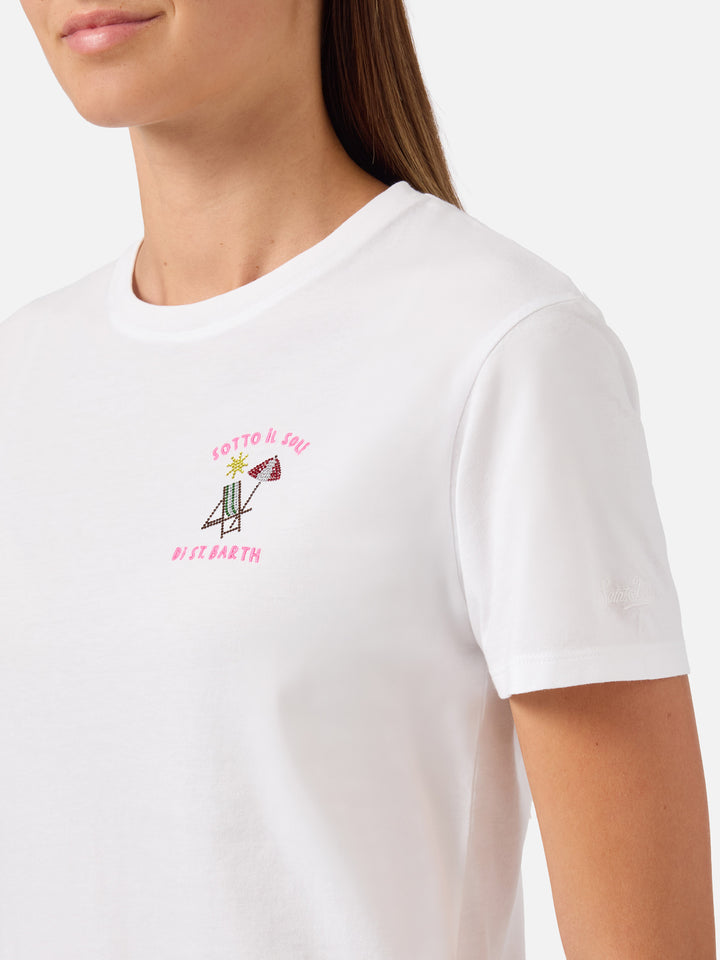 T-shirt Emily bianca con ricamo strass Sotto al Sole di St. Barth