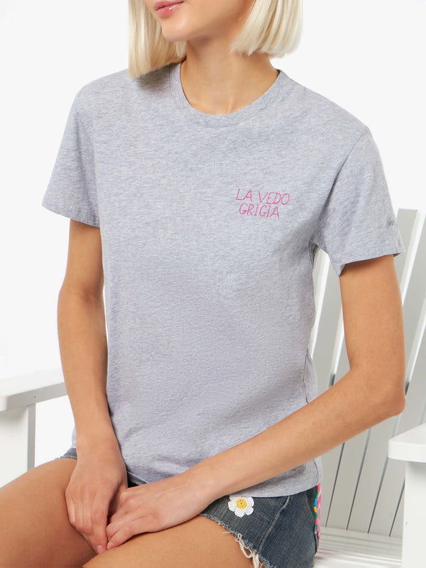 T-shirt da donna girocollo Emilie in jersey di cotone con ricamo La Vedo Grigia