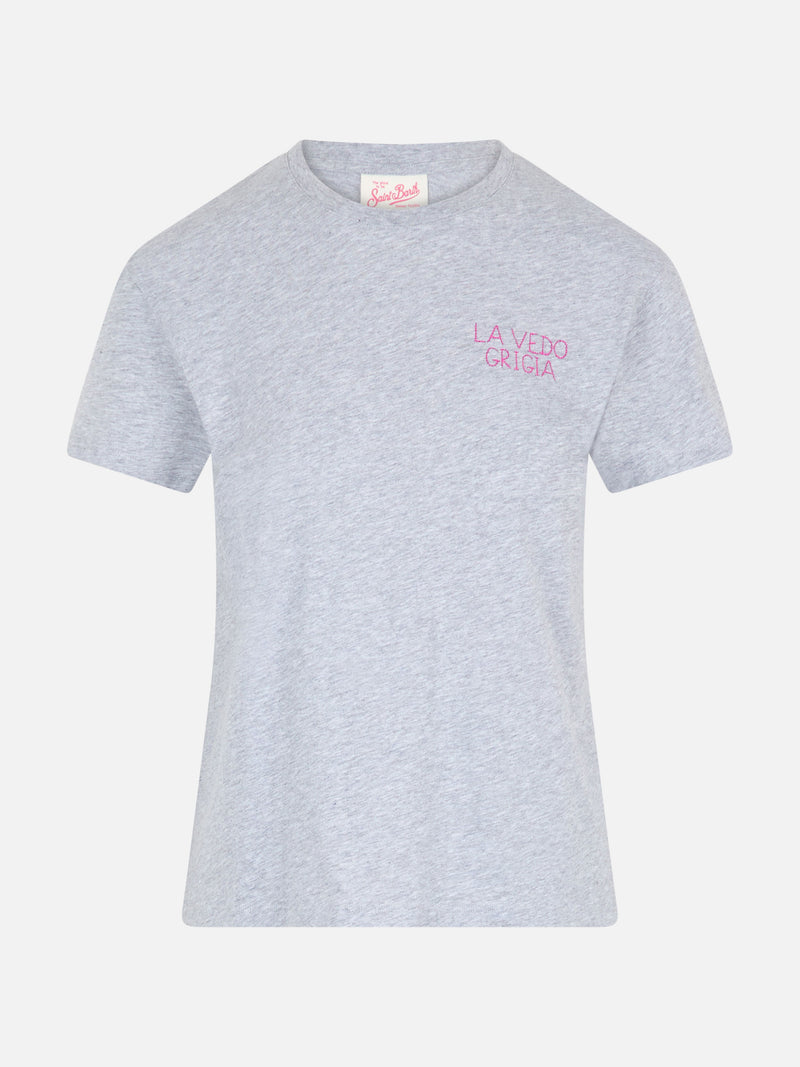 T-shirt da donna girocollo Emilie in jersey di cotone con ricamo La Vedo Grigia