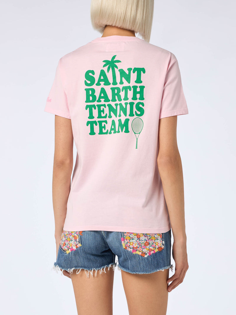 T-shirt rosa in cotone con stampa "St Barth tennis team"