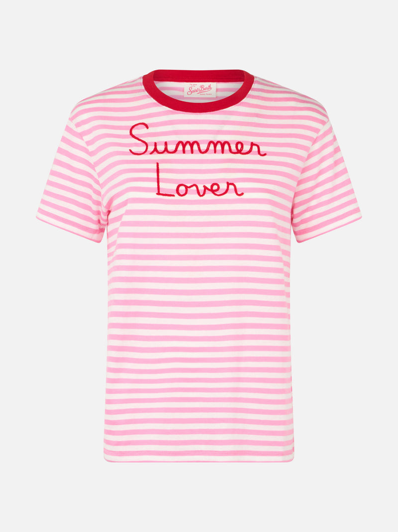 T-shirt girocollo in jersey di cotone a righe da donna Emiilie con ricamo Summer Lover