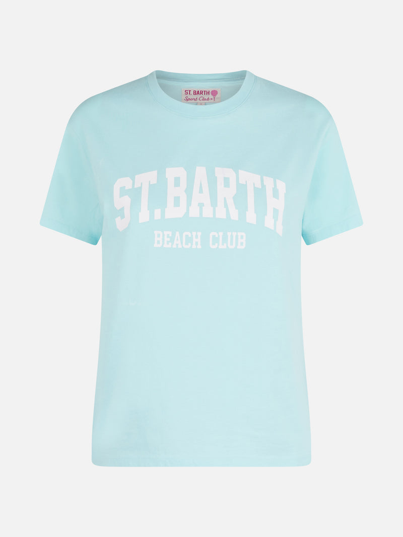 Woman cotton jersey crewneck t-shirt Emilie with St. Barth beach club print